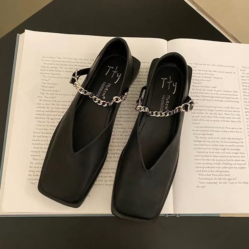 Spring Summer Yellow Flats Women Loafers New Chain Design Nurse Boat Shoes Ladies Square Toe Soft Casual Ballet Flats