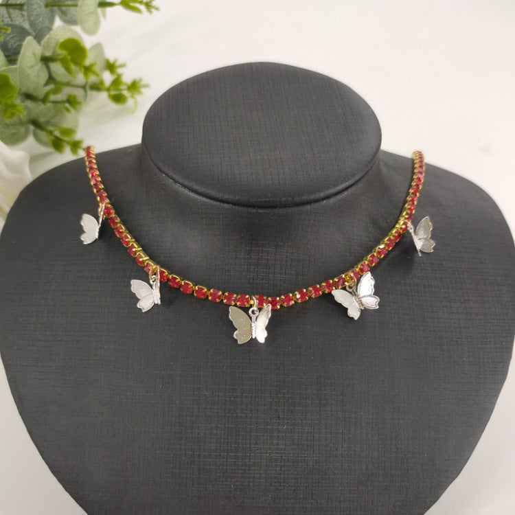 2025 ins Popular trade rhinestone chain copper butterfly necklace female pendant neck chain Popular trade chocker fb1030