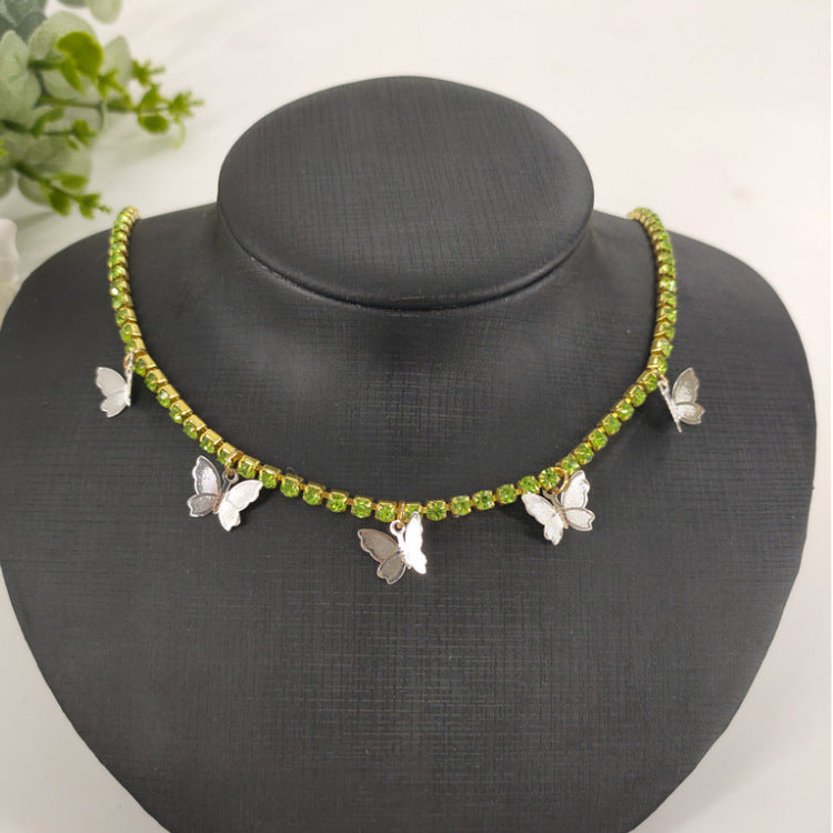 2025 ins Popular trade rhinestone chain copper butterfly necklace female pendant neck chain Popular trade chocker fb1030
