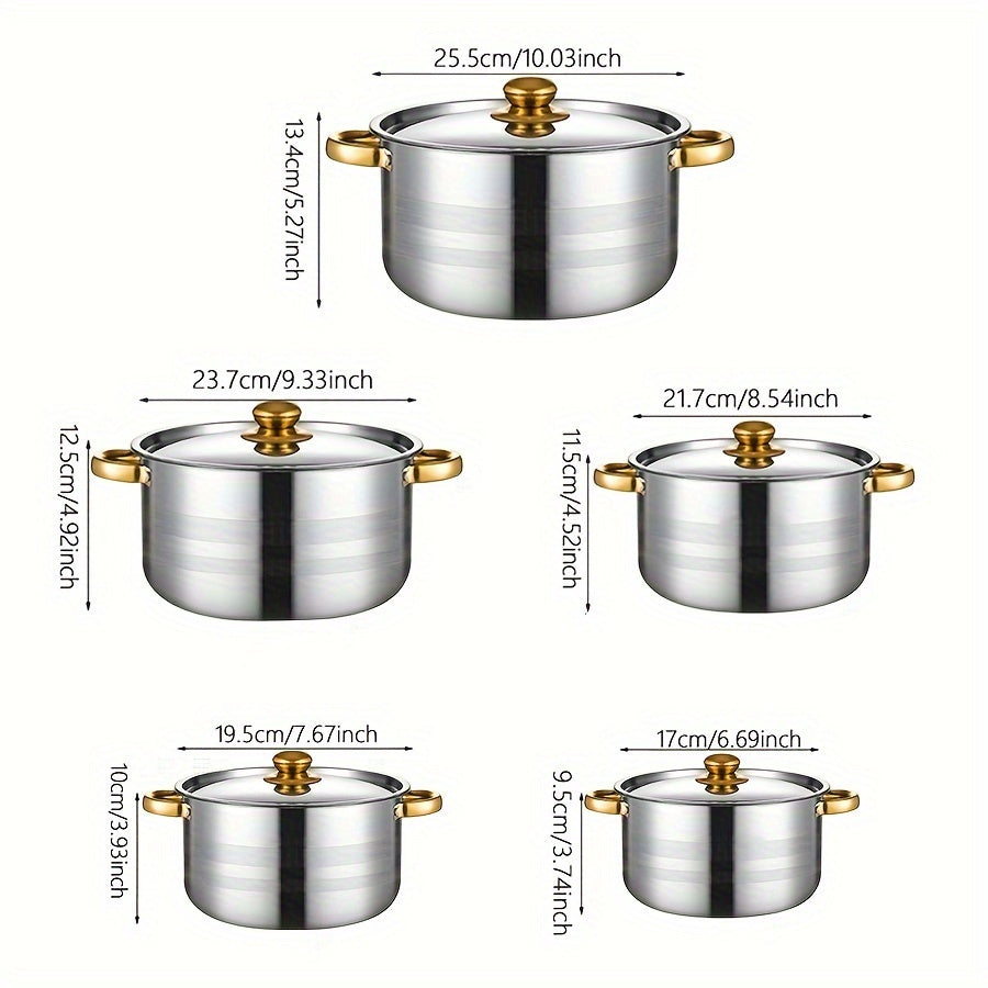 10pcs set of stainless steel pots, specifications are 6.69/7.68/8.54/9.33/10.04inch, stainless steel cooking pot, 5 pots + 5 pot lids, suitable for induction cookers and gas stoves, stainless steel double handle with lid, deep soup pot, suitable for soup,