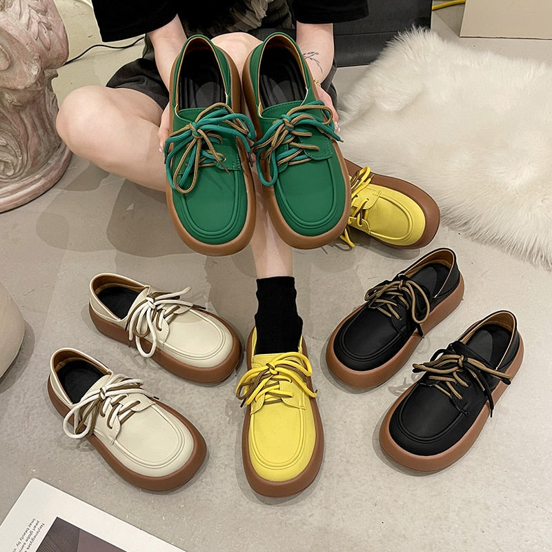 Green Yellow Oxford Shoes Women Flats Summer Design Casual Platform Loafers Derby Shoes Women Lace Up Leather Oxfords