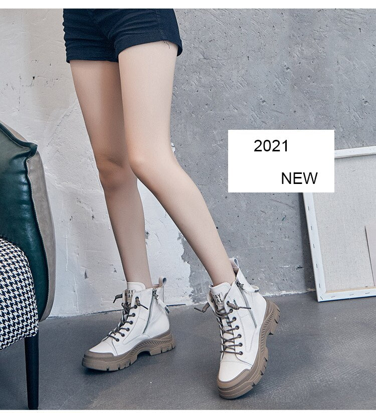 Genuine Leather Boots for Women Heels Ankle Boots Female Chunky Shoes Woman Flats Platform Heels Women's Shoes Rubber Sole