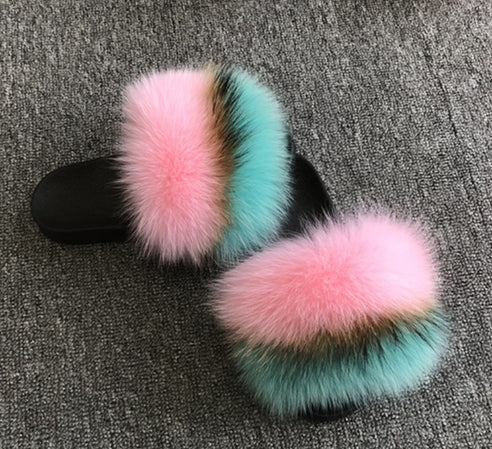 xiangtuibao Real Fox Raccoon Fur Slippers for Women Fur Slides Flip Flops Beach Plush Fluffy Furry Designer Slippers Sandal