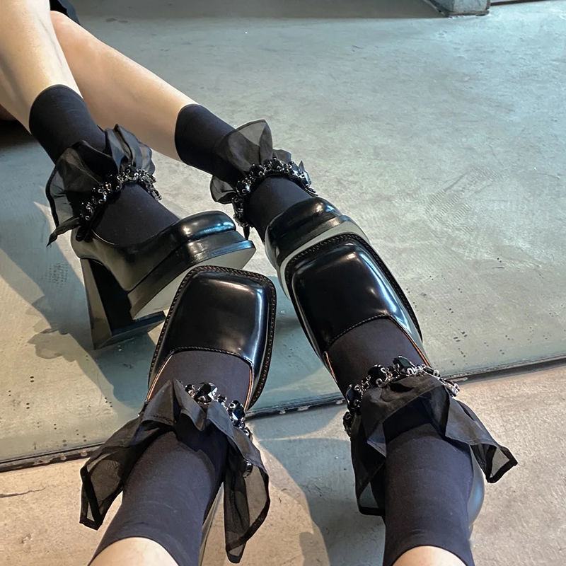 xiangtuibao Fashion Mary Janes Shoes,Women Platforms High Heels,Square Toe,Lace&Rhinestone,Female Footware