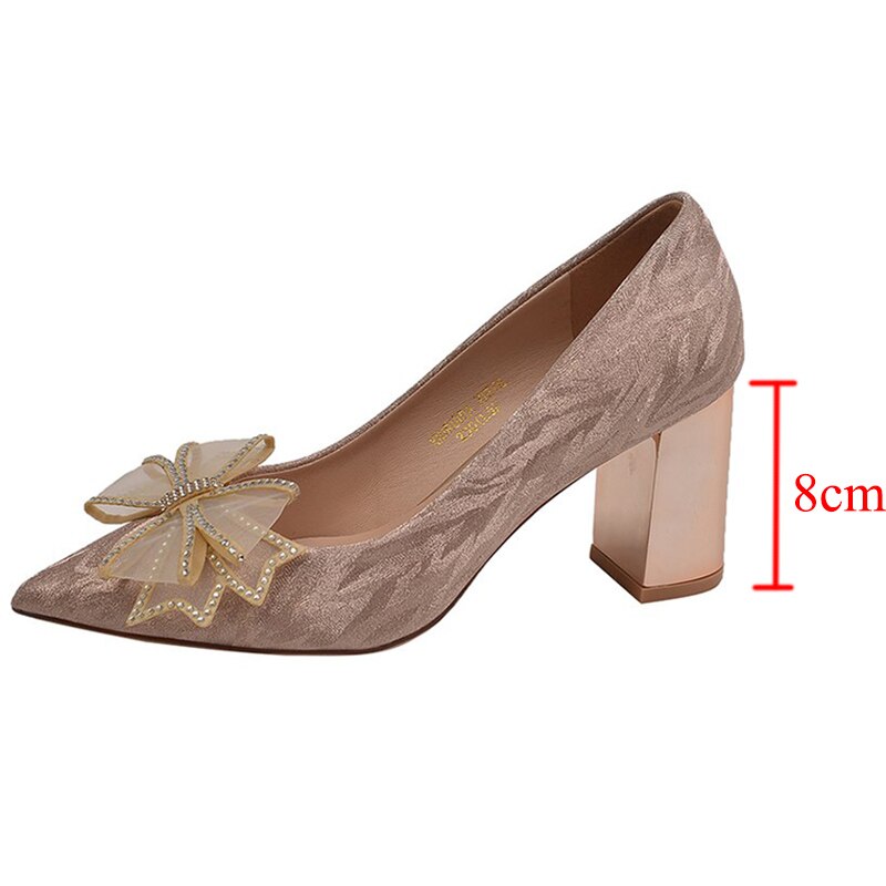 Rimocy Silk Bowknot Square Heels Pumps Women New Crystal Slip-on High Heels Shoes Ladies Sexy Point Toe Shining Party Shoes