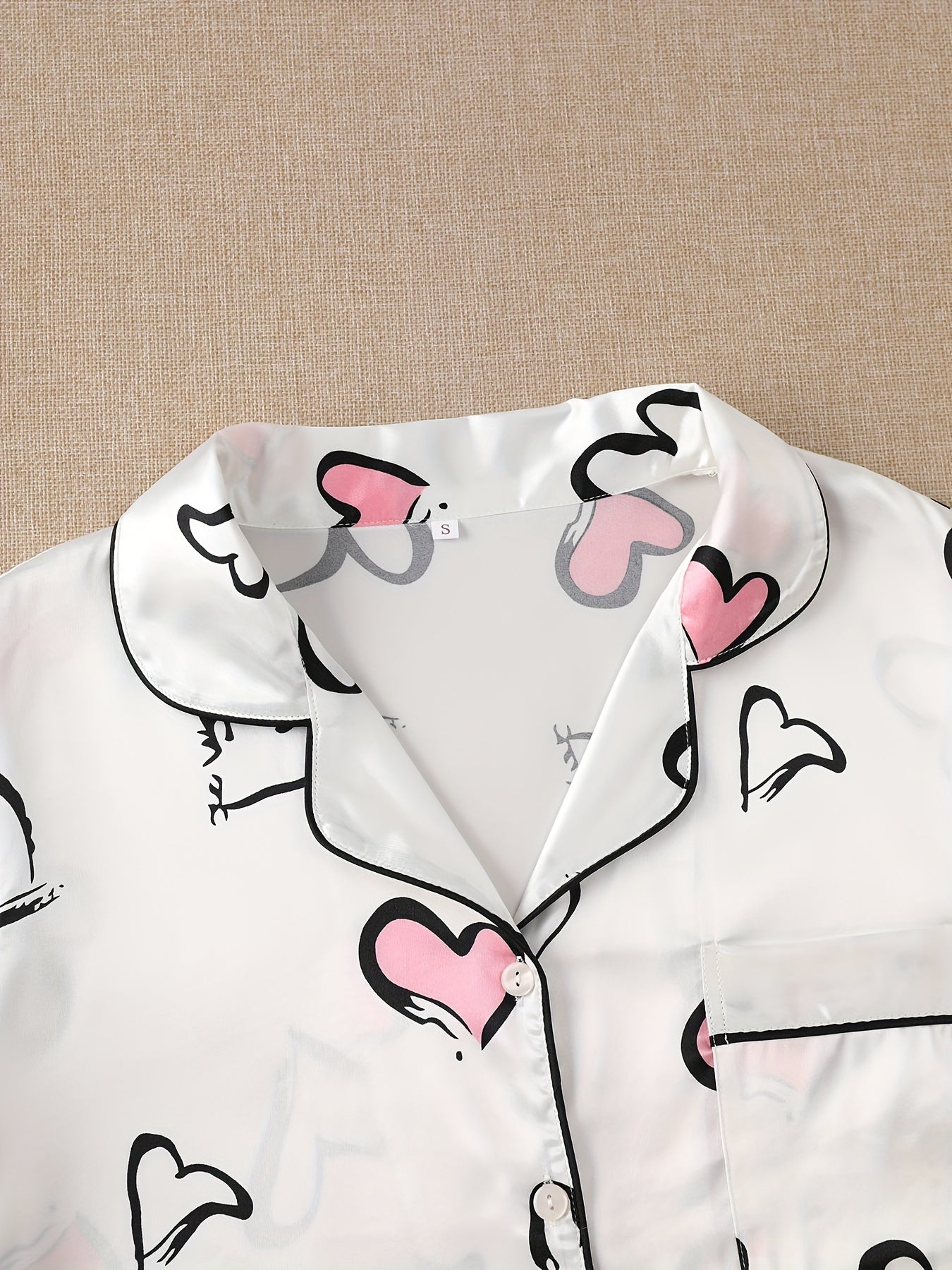 1 Shirt and 2 Trousers Womens Elegant Heart Print Satin Pajama Set - Soft, Relaxed Fit, Short Sleeve, Lapel Collar, Random Printing - Comfortable, Woven, Non-Sheer, All Seasons
