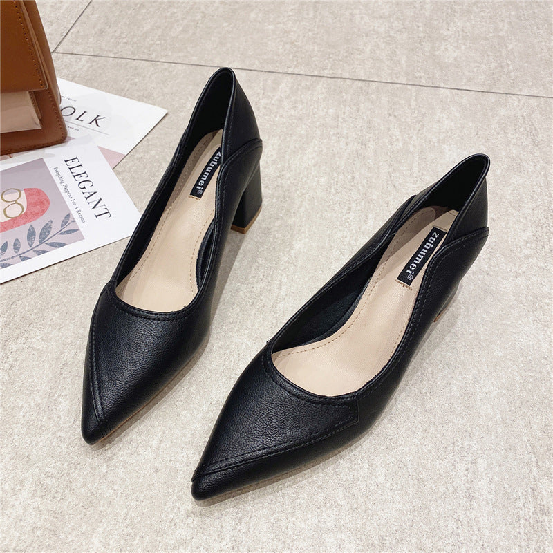 2025 555-1 pointed thick heel shallow mouth women's single shoes commuting simple professional work shoes daily comfort high heels women