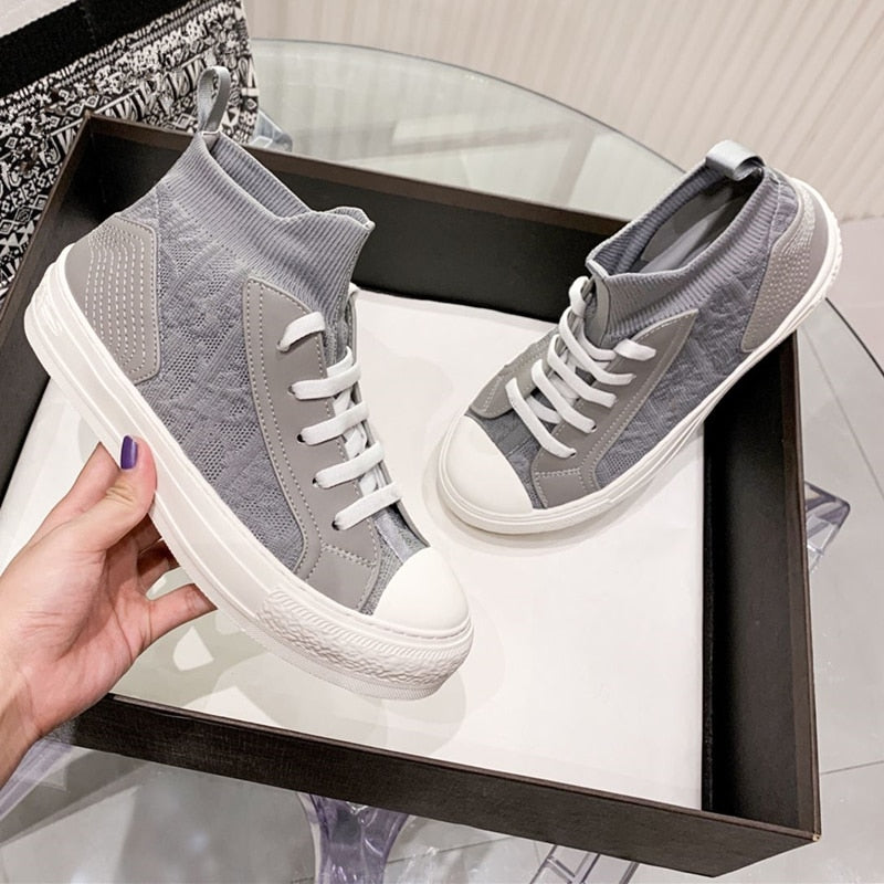 xiangtuibao Autumn Winter New Designer Flat Bottom Women Shoes Letter Pattern Sneakers Shoes Knitted Stretch Correct Vulcanized Shoes