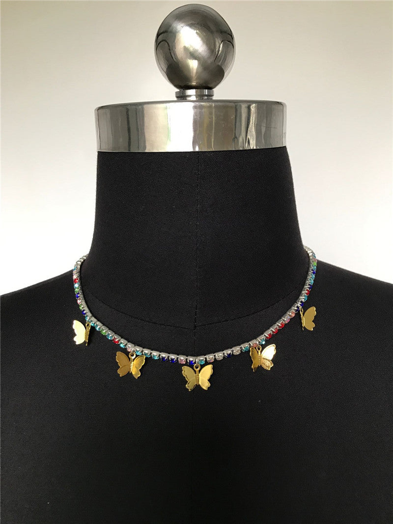 2025 ins Popular trade rhinestone chain copper butterfly necklace female pendant neck chain Popular trade chocker fb1030