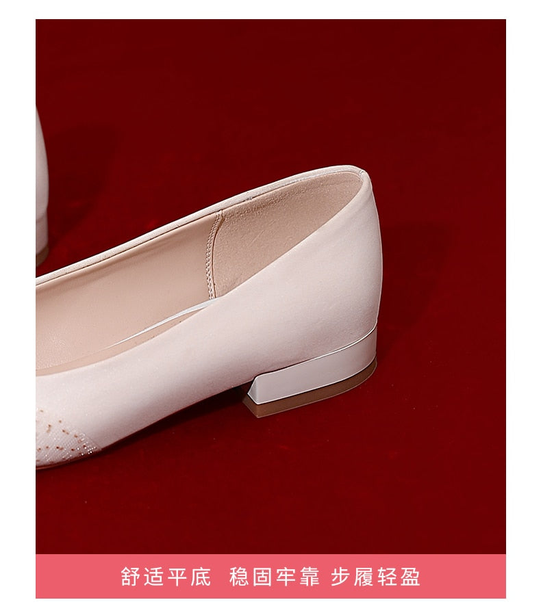 xiangtuibao Minority French Wedding Shoes Flat Bottomed New Bride Shoes White Satin Wedding Dress Shoes Women's Flat Heel Shoe