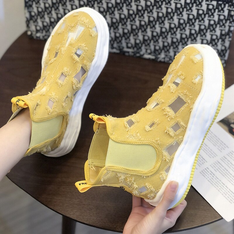 Lucyever Women Flat Heels Ankle Boots Canvas Hole Slip on Platform Shoes Woman Summer Autumn Breathable Casual Boots Femme