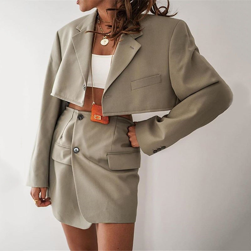 2025 ins summer new fashion casual suit women's long-sleeved cardigan one-button top hip skirt