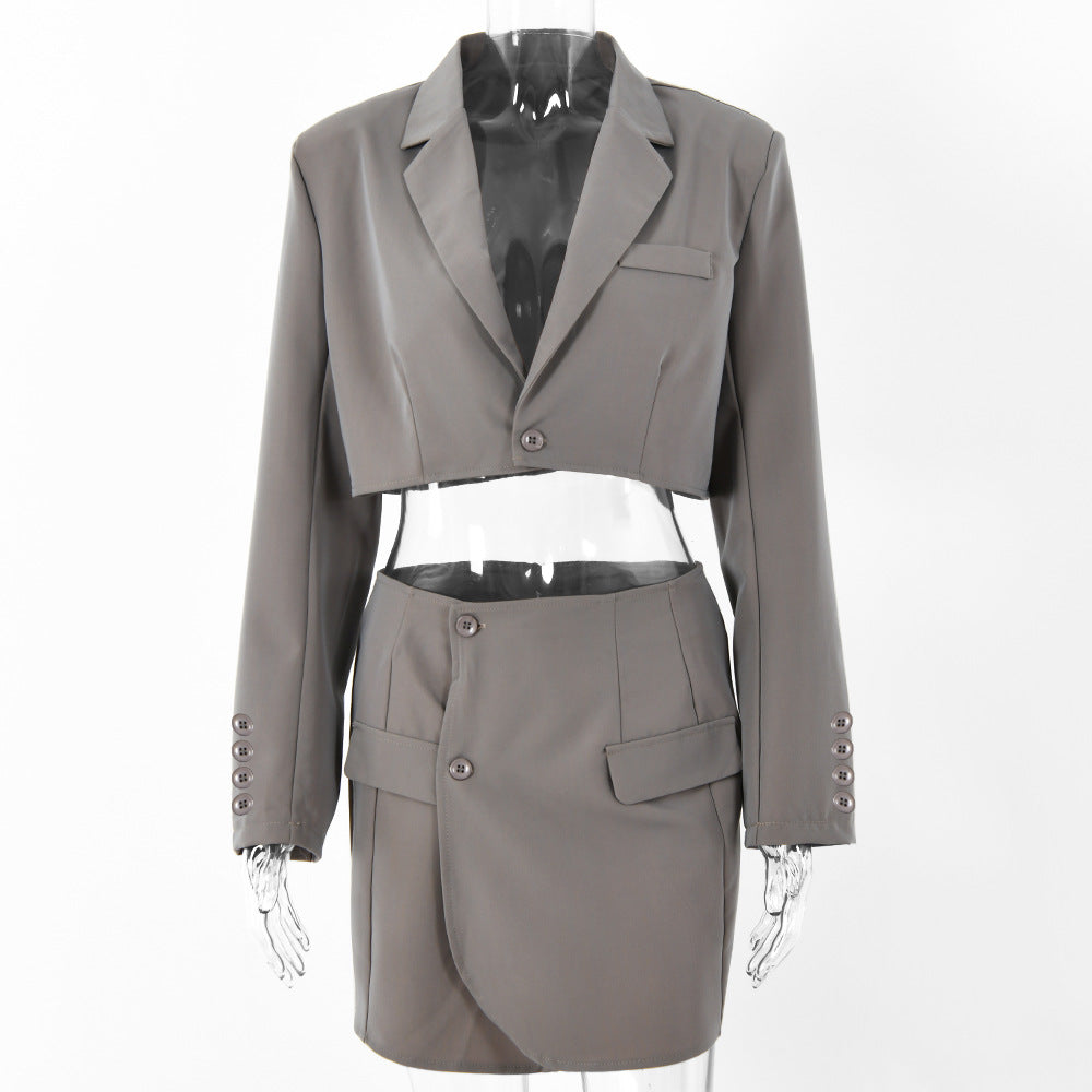 2025 ins summer new fashion casual suit women's long-sleeved cardigan one-button top hip skirt