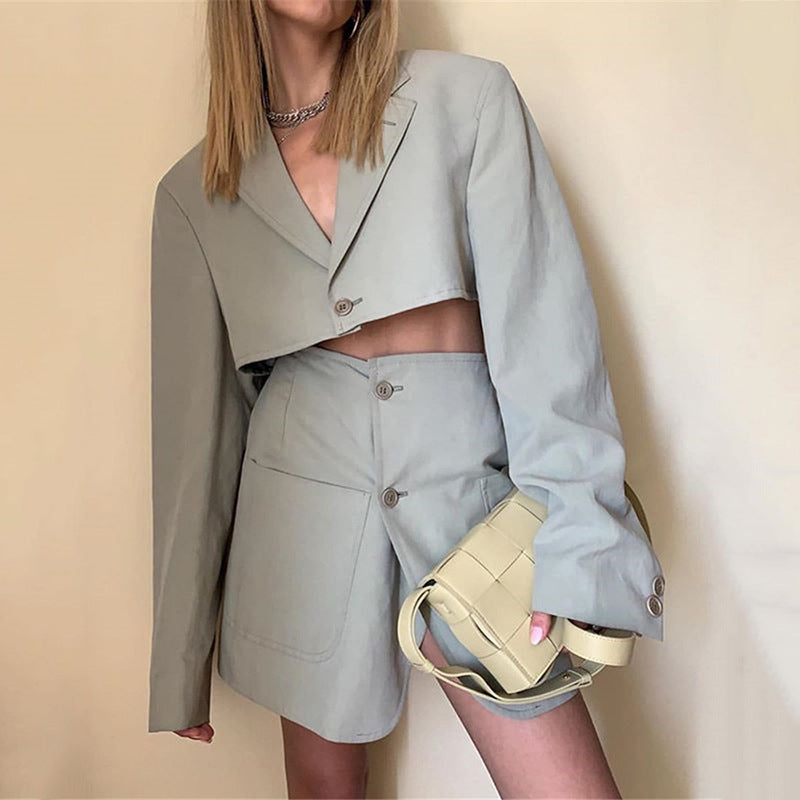 2025 ins summer new fashion casual suit women's long-sleeved cardigan one-button top hip skirt