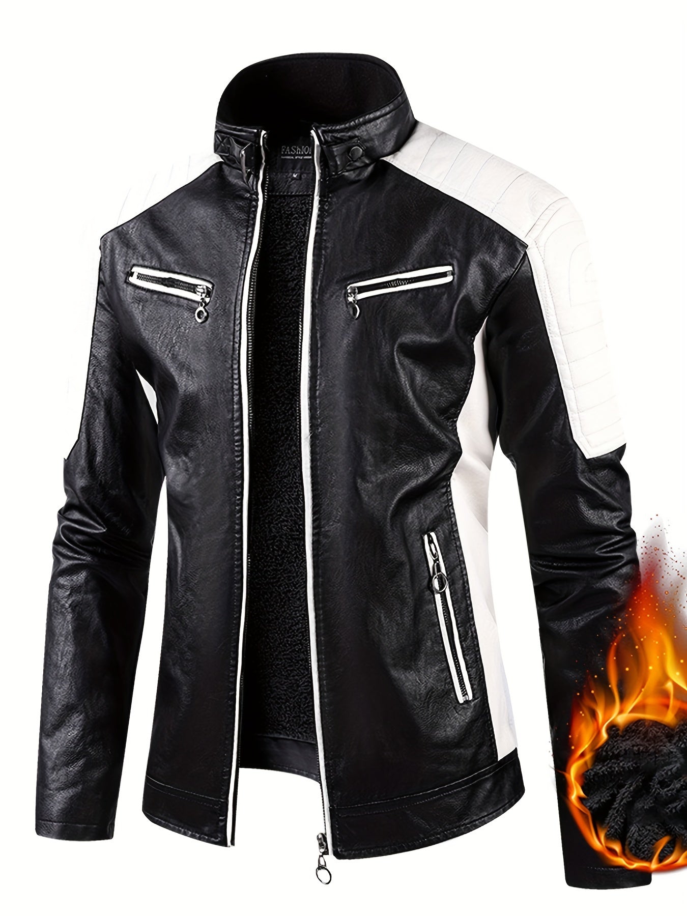 Men's Stylish Warm Fleece PU Jacket | Easy Care, Regular Fit, Solid Color | Chic Winter Casual with Stand Collar