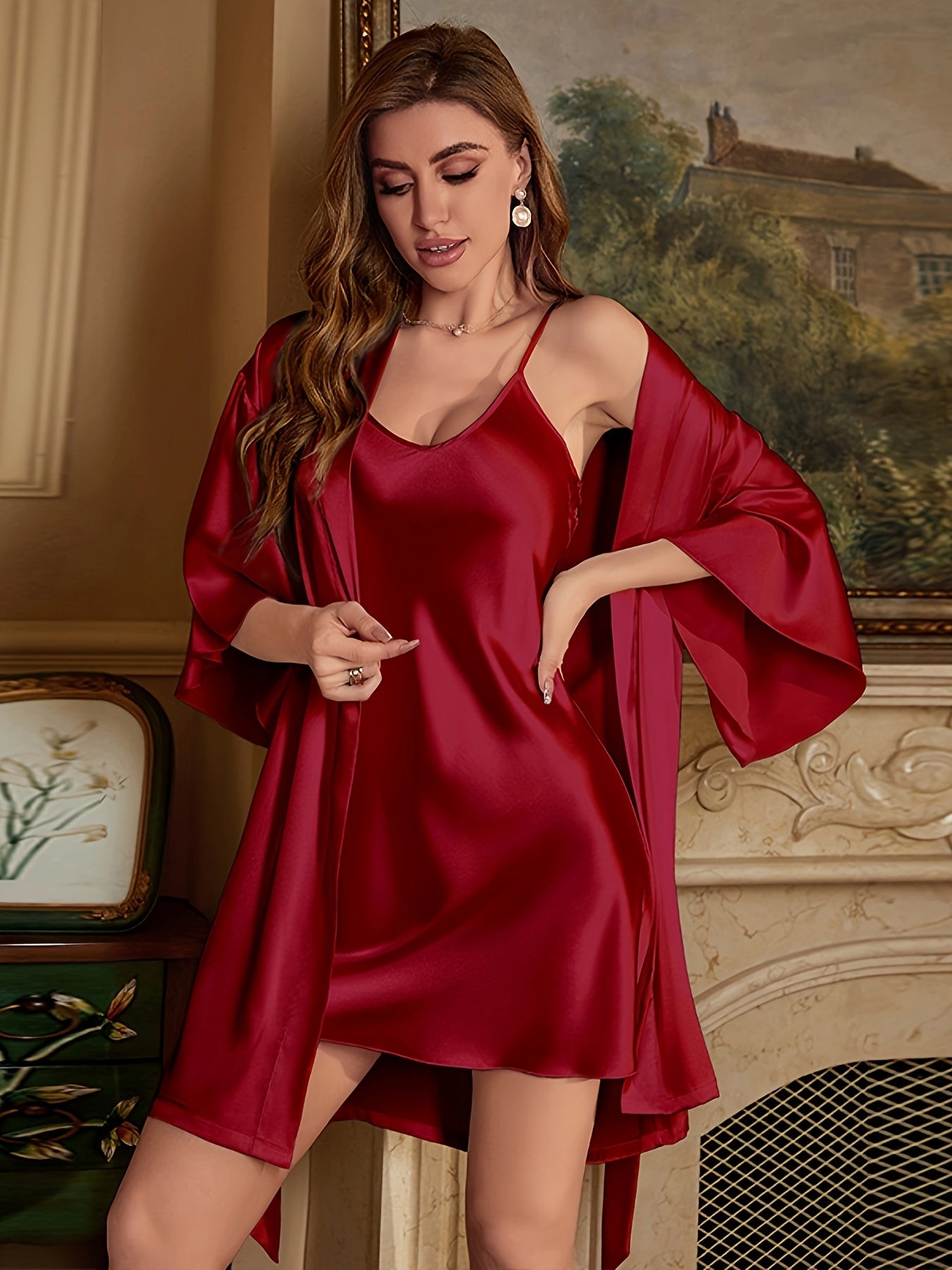 Three-Piece Luxurious Sleepwear Set - Soft Solid Satin Fabric, Stylish Three Quarter Sleeve, Elegant Belted Sleep Robe, Classic Round Neck Slip Dress - Designed for Womens Comfort and Style
