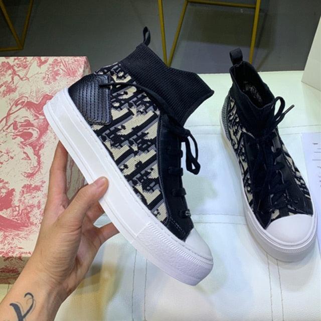xiangtuibao Autumn Winter New Designer Flat Bottom Women Shoes Letter Pattern Sneakers Shoes Knitted Stretch Correct Vulcanized Shoes