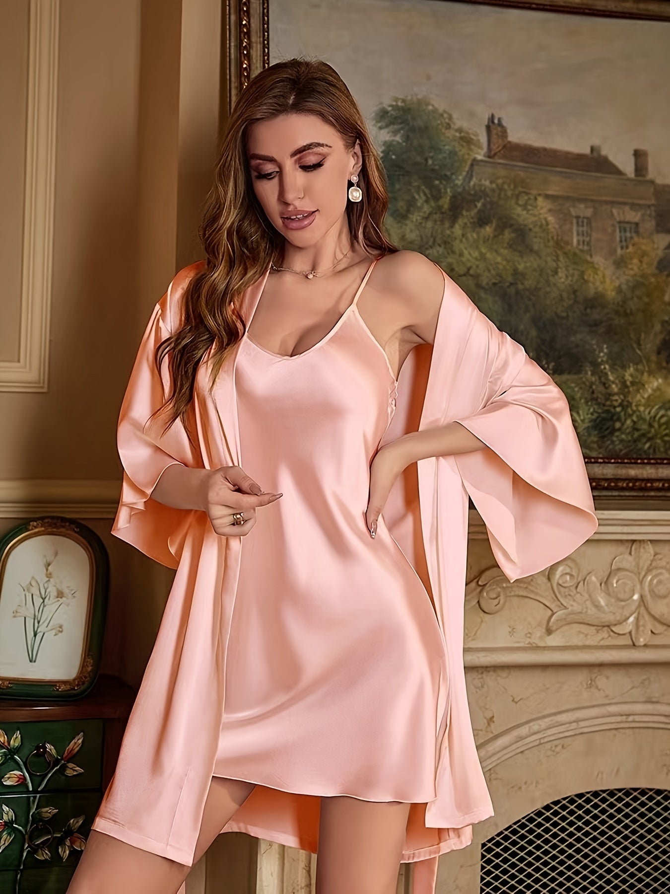 Three-Piece Luxurious Sleepwear Set - Soft Solid Satin Fabric, Stylish Three Quarter Sleeve, Elegant Belted Sleep Robe, Classic Round Neck Slip Dress - Designed for Womens Comfort and Style