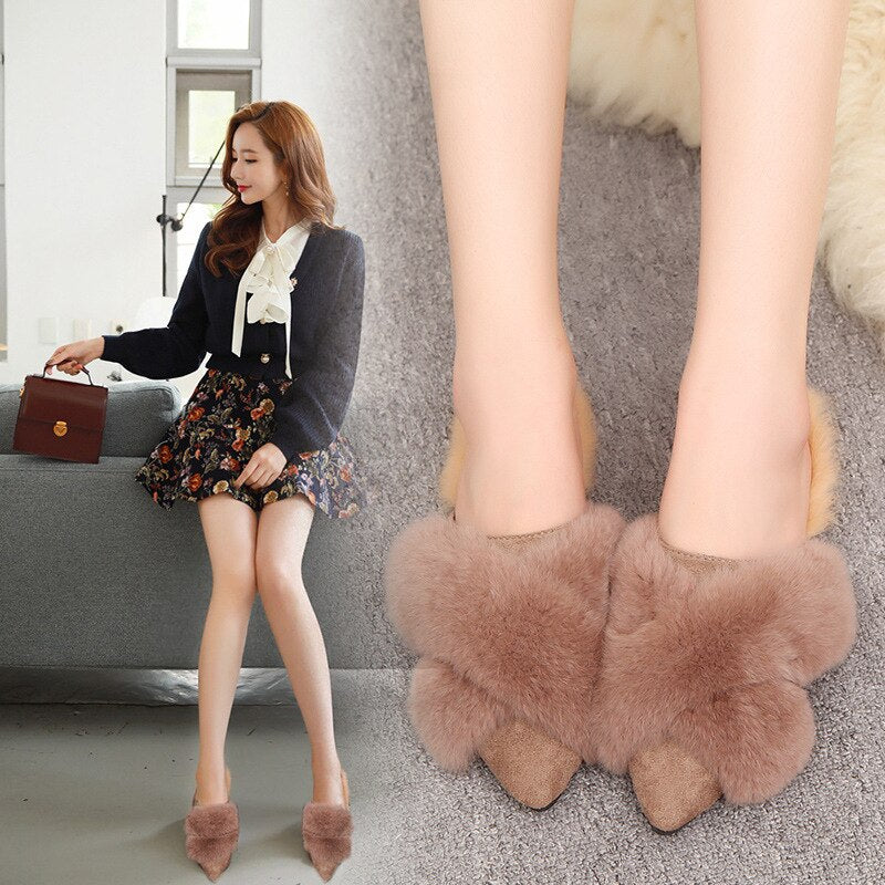 Furry Slides for Women Winter Outdoor Flock Flat Soft Mules Pantoufle Femme Rasteiras Shoes Slides Zapatillas De Casa Mujer Buty