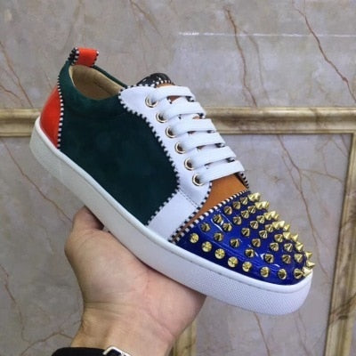xiangtuibao Genuine Leather Flat Women Sneakers Rivet Colorful Fashion Flat Casual Shoes Men Sneakers Lace-up Spikes Real Leather Classics