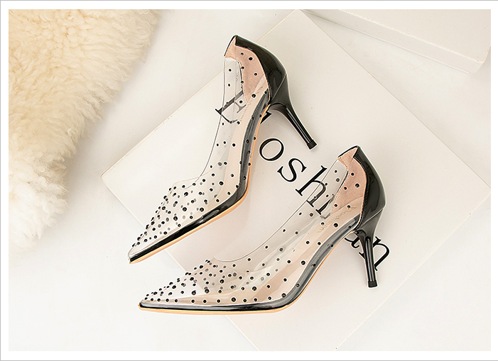 xiangtuibao Transparent high heel women's stiletto pointed wedding shoes rhinestone glass glue, star shoes