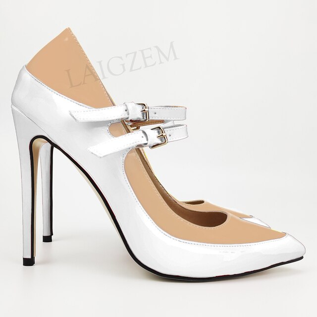 Pinpaixiong Color Contrast Women Heels Buckle Straps Desgin 12CM High Heels Shoes Women Scarpe Donna Tacones Size 34 43 44 47