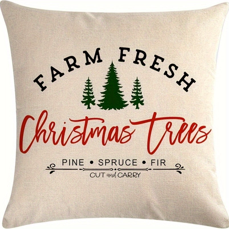 2-Pack 18x18 Inches Farm Fresh Christmas Trees & Red Truck Design Linen Throw Pillow Covers, Machine Washable Zippered Pillowcases for Contemporary Home Decor