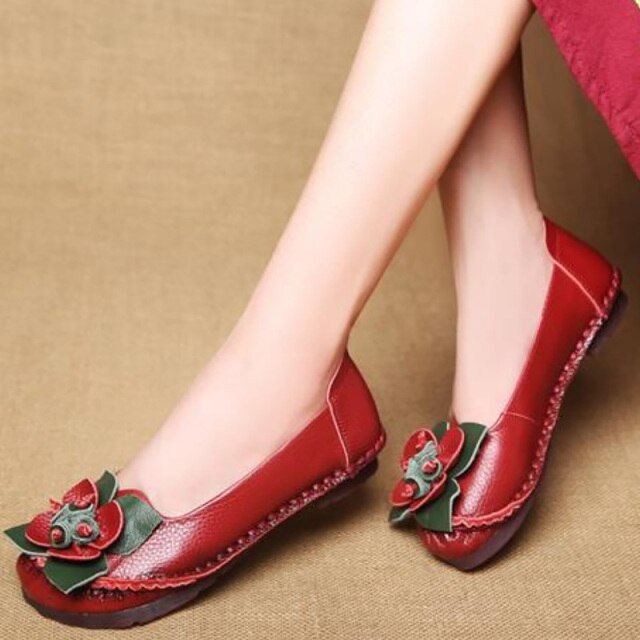 xiangtuibao New Arrival Designer Vintage Mother Summer Loafers Womens Genuine Leather Flats Flower White Leather Shoes Woman Flats