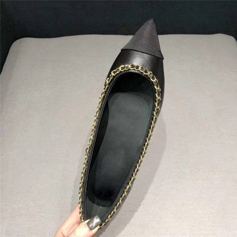 Women Fashion Flats Shoes Genuine Leather Pointed Toe Mixed Color Females Single Shoes Shallow Metal Chain Classic luxury brand