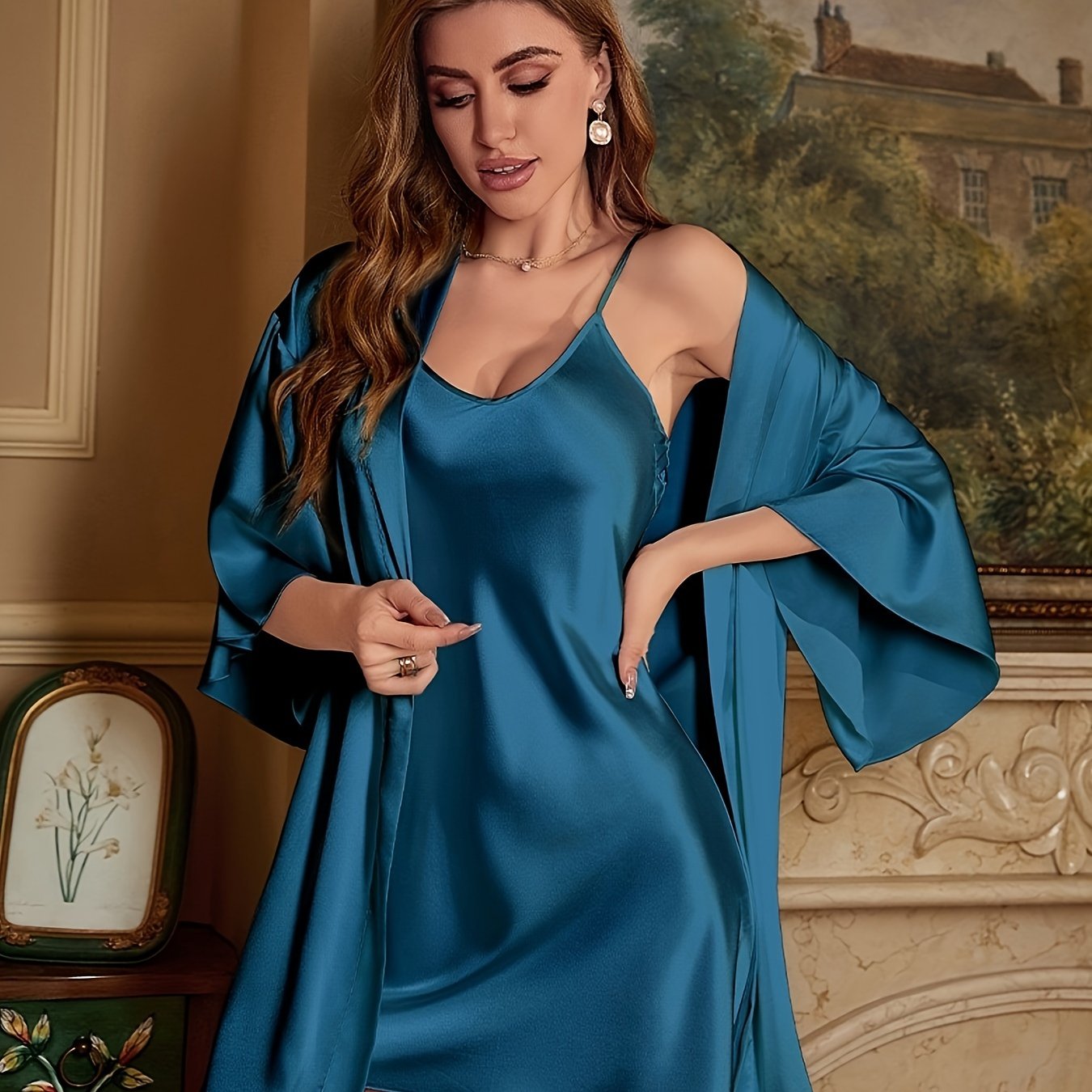 Three-Piece Luxurious Sleepwear Set - Soft Solid Satin Fabric, Stylish Three Quarter Sleeve, Elegant Belted Sleep Robe, Classic Round Neck Slip Dress - Designed for Womens Comfort and Style