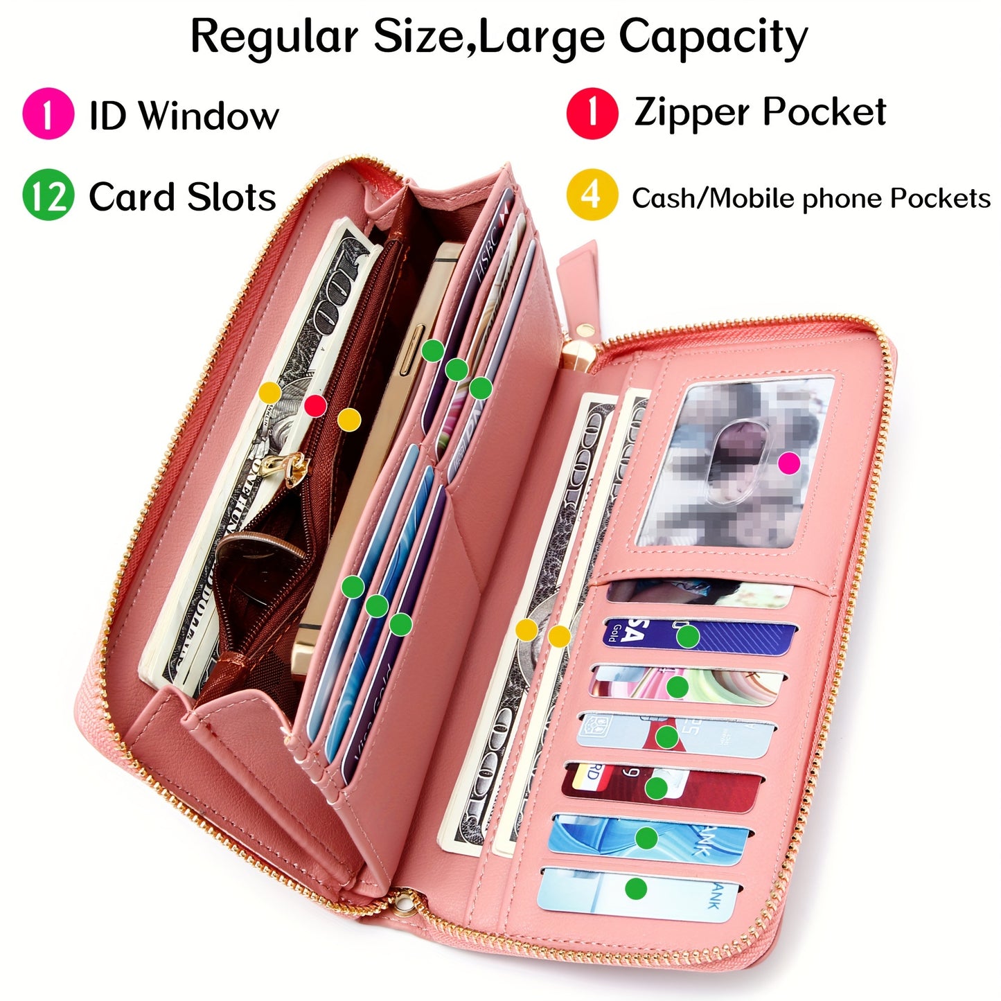 Stylish Womens RFID Blocking Zip Wallet - Large Capacity Long Purse with Detachable Wristlet & Secure Card Holder