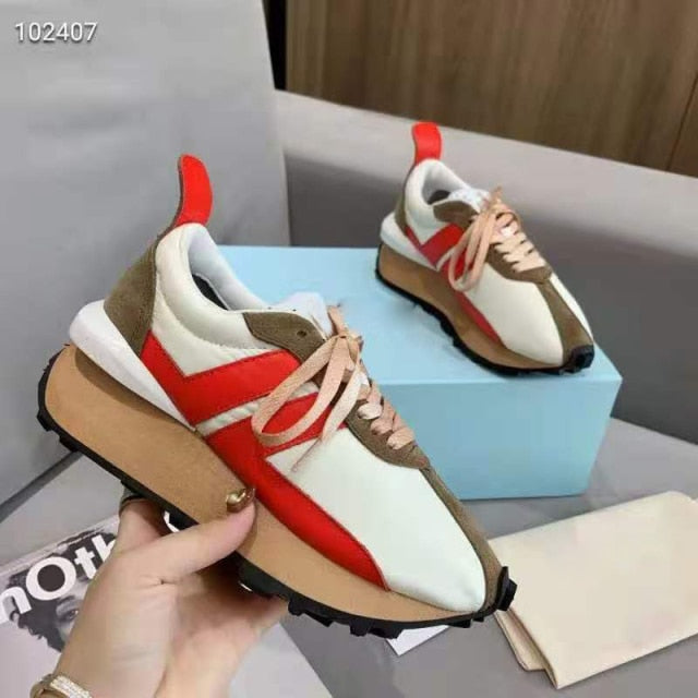 Spring Thick Sole Casual Daddy Shoes Women Flat Mixed Color Lace Up Patchwork Sneakers Outdoor Walk Tennis Shoes Unisex