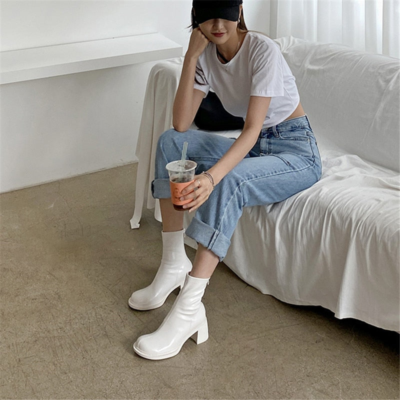 xiangtuibao Sexy Black Women Ankle Boots Chunky High Heel Elastic Sock Boot Ladies Shoes Round Toe Slim Fit Short Booties Autumn Botas Mujer