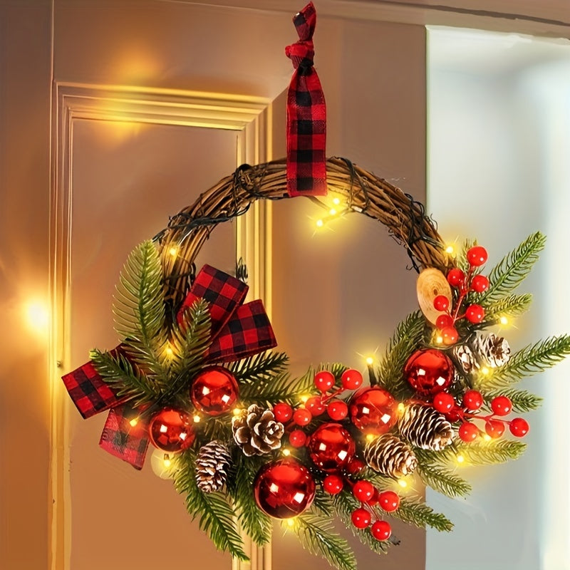 Christmas Wreaths For Door Wreath 12inch 30 LED Christmas Swag Christmas Decoration Christmas Wreath With Christmas Red Berries, Pine Cones, Cedar Leaves For Home Indoor Outdoor Decoration Gift Great Atmosphere New