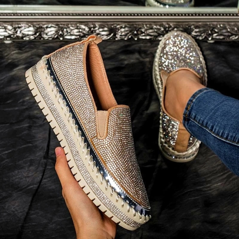 xiangtuibao Luxury Women Flats Rhinestone Bling Sewing Platform Loafers Slip on Sewing Shallow Fashion Casual Shoes Ladies Footwear