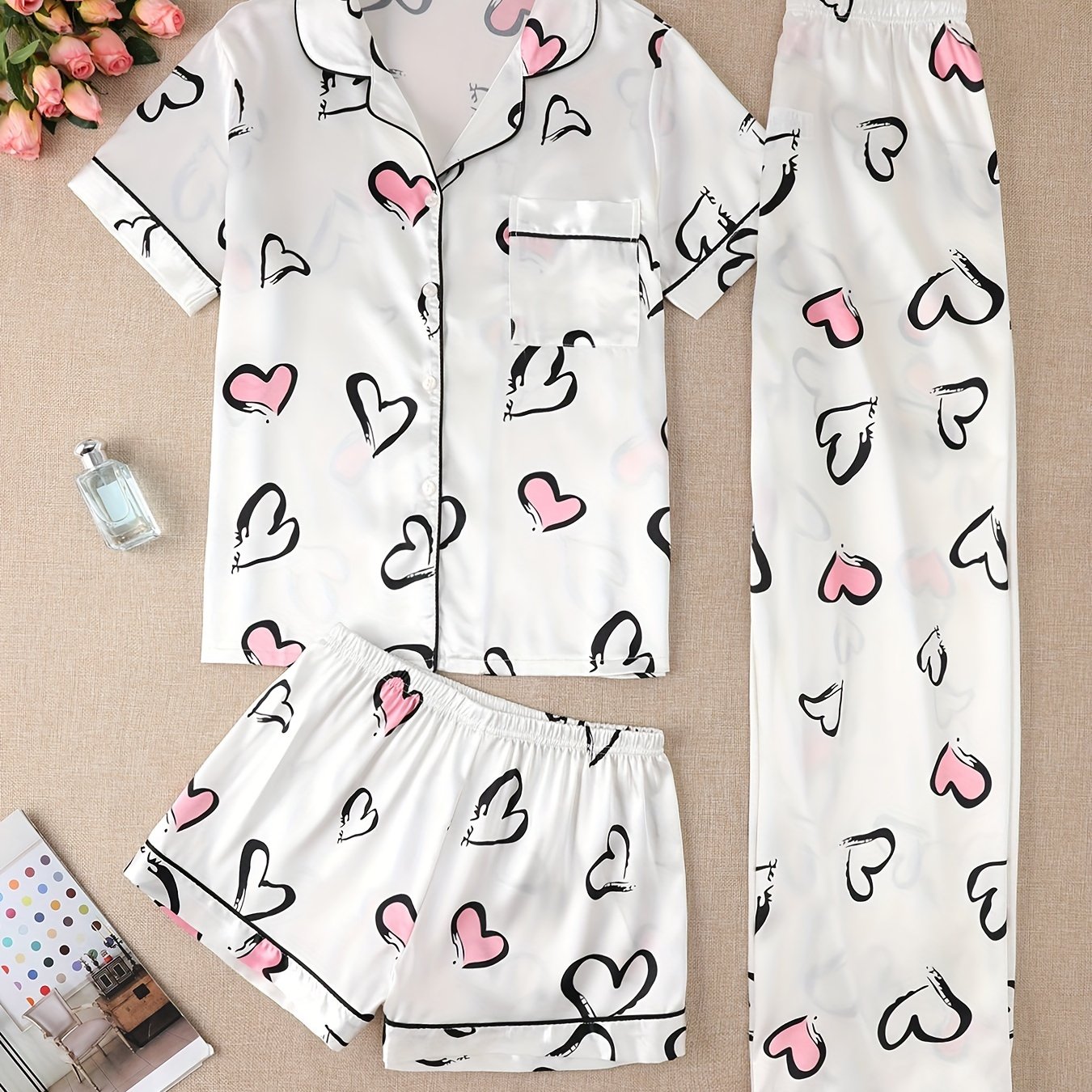 1 Shirt and 2 Trousers Womens Elegant Heart Print Satin Pajama Set - Soft, Relaxed Fit, Short Sleeve, Lapel Collar, Random Printing - Comfortable, Woven, Non-Sheer, All Seasons
