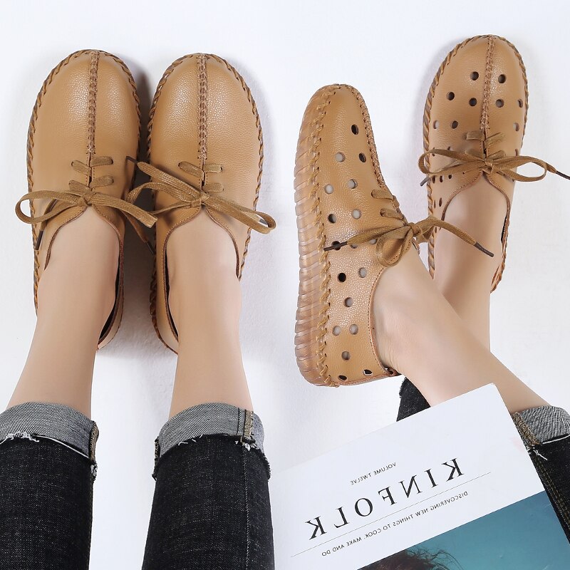 xiangtuibao Soft Sole Hollow Single Shoes Women Vintage Genuine Leather Flat Casual Shoes Woman Outdoor Lace Up Non Slip Loafers creepers