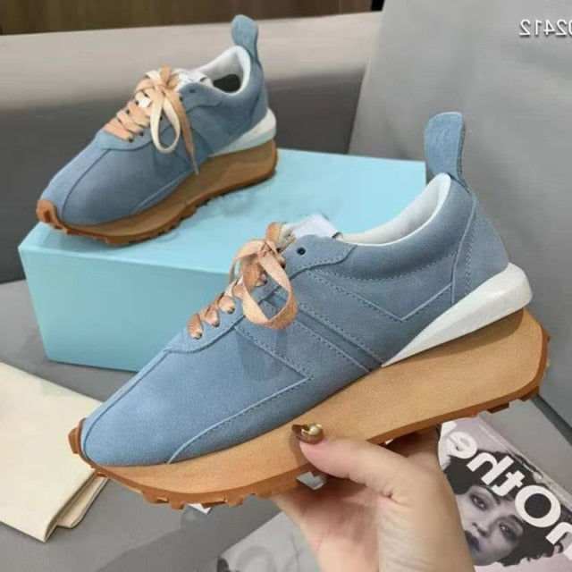 Spring Thick Sole Casual Daddy Shoes Women Flat Mixed Color Lace Up Patchwork Sneakers Outdoor Walk Tennis Shoes Unisex
