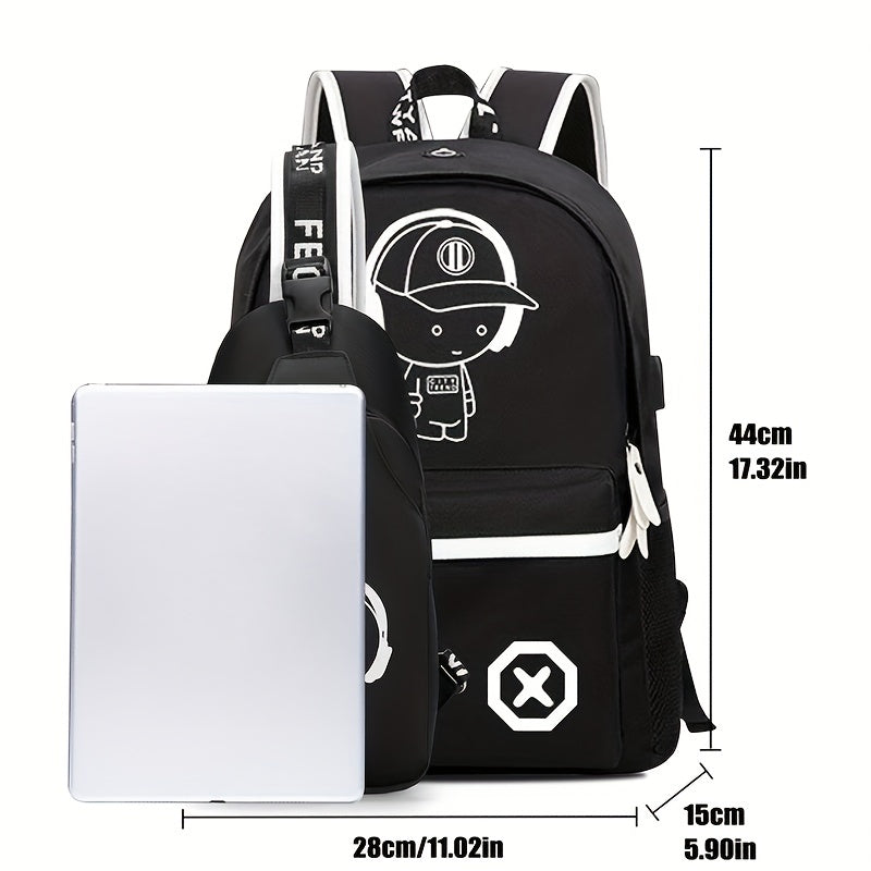 2-Piece Set Stylish Cartoon Printed Backpack Combo - Spacious & Versatile, Casual Daypack with Crossbody Chest Bag - Ideal for School, Travel & Daily Use