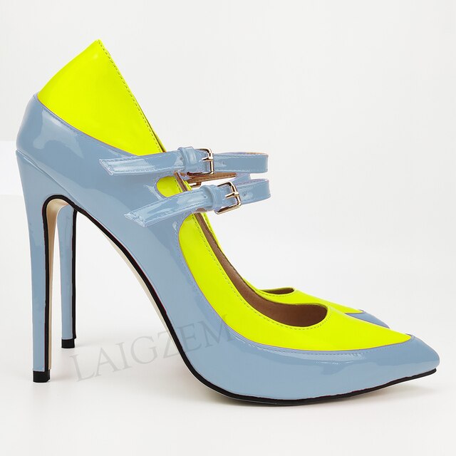 Pinpaixiong Color Contrast Women Heels Buckle Straps Desgin 12CM High Heels Shoes Women Scarpe Donna Tacones Size 34 43 44 47