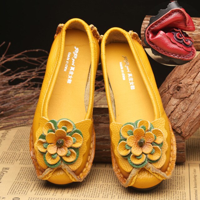 xiangtuibao New Arrival Designer Vintage Mother Summer Loafers Womens Genuine Leather Flats Flower White Leather Shoes Woman Flats