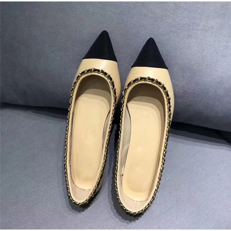Women Fashion Flats Shoes Genuine Leather Pointed Toe Mixed Color Females Single Shoes Shallow Metal Chain Classic luxury brand