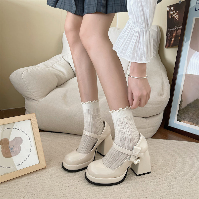 xiangtuibao Platform High Heels Pumps Women Patent Leather Black White Mary Jane Lolita Shoes Woman Pearl Bowtie Buckle Party Shoes