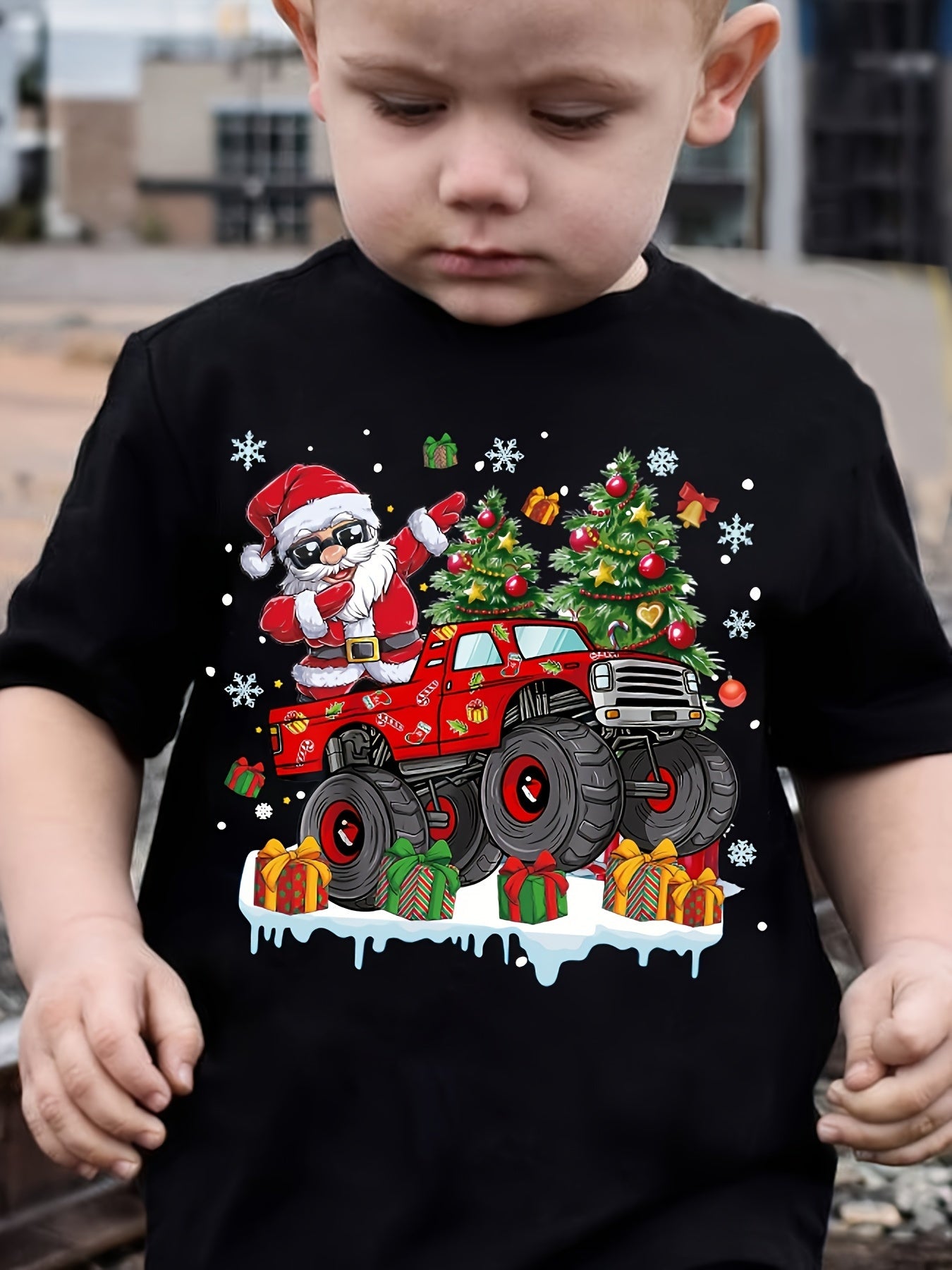MILKYSHIP Kids Christmas Monster Truck Santa Print T-Shirt - Casual Crew Neck Polyester Tee with Applique, Slight Stretch, Summer Season Top for Boys, Regular Fit, Knit Fabric - Ages 12 & Under