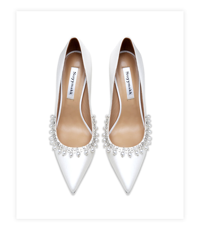 xiangtuibao New Spring Women For Fashion Pointed Toe Stiletto Pumps Sexy White String Bead Wedding Shoes High Heels Party Dress Shoes V