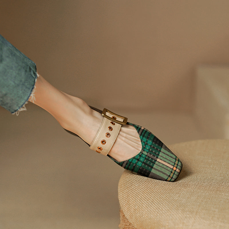 xiangtuibao Square Toe Women Flats With Buckle Women Mules Slip On Moccasins Ladies Gingham Flat Shoes Patchwork Loafers Chaussures Femme