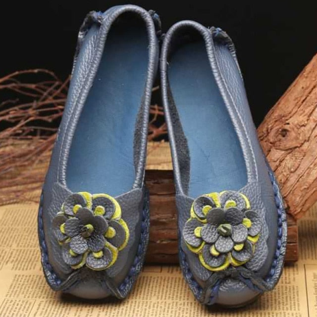 xiangtuibao New Arrival Designer Vintage Mother Summer Loafers Womens Genuine Leather Flats Flower White Leather Shoes Woman Flats