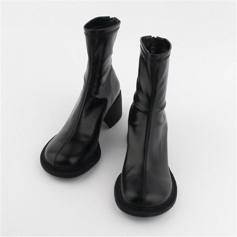 xiangtuibao Sexy Black Women Ankle Boots Chunky High Heel Elastic Sock Boot Ladies Shoes Round Toe Slim Fit Short Booties Autumn Botas Mujer