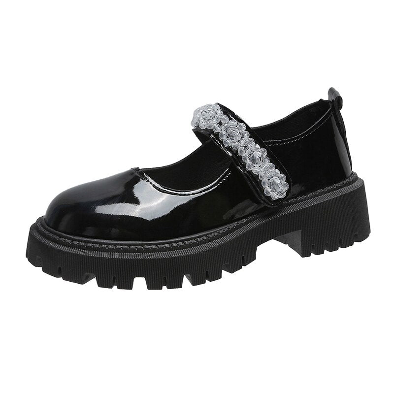 Rimocy Shining Crystal Women's Mary Janes Shoes Spring Pu Leather Flat Shoes Woman Med Heels Non-slip Platform Casual Shoes
