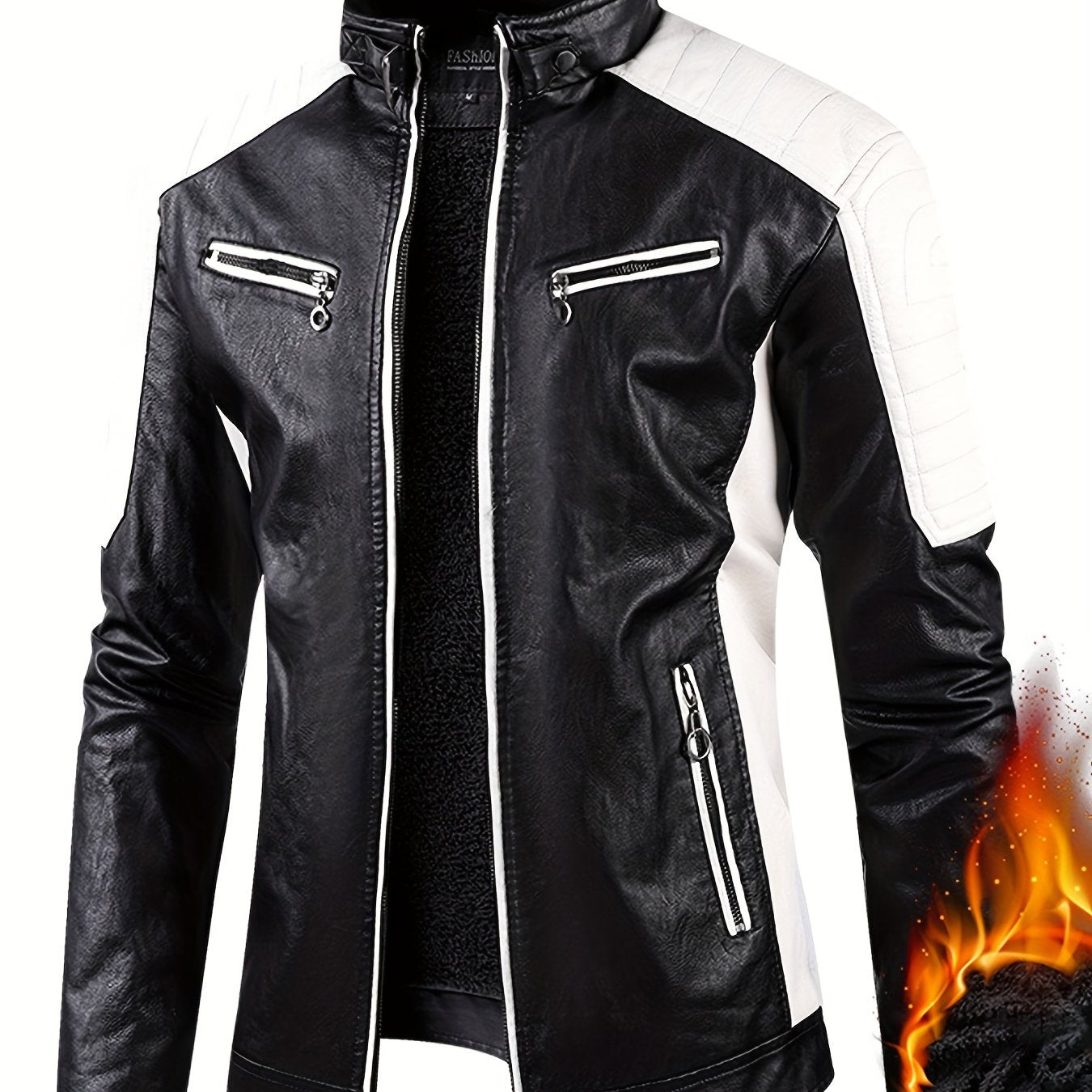 Men's Stylish Warm Fleece PU Jacket | Easy Care, Regular Fit, Solid Color | Chic Winter Casual with Stand Collar
